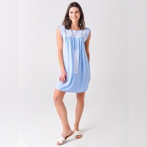 J. MARIE Madison Embroidered Linen Blend Blue Mexican Tunic Mini Dress Medium